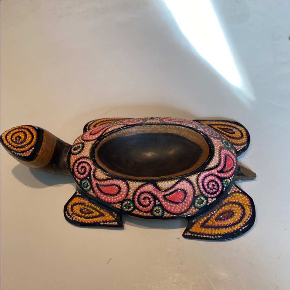 Vintage Oaxacan Hand-Painted, Beaded & Hand-Carved Wood Turtle